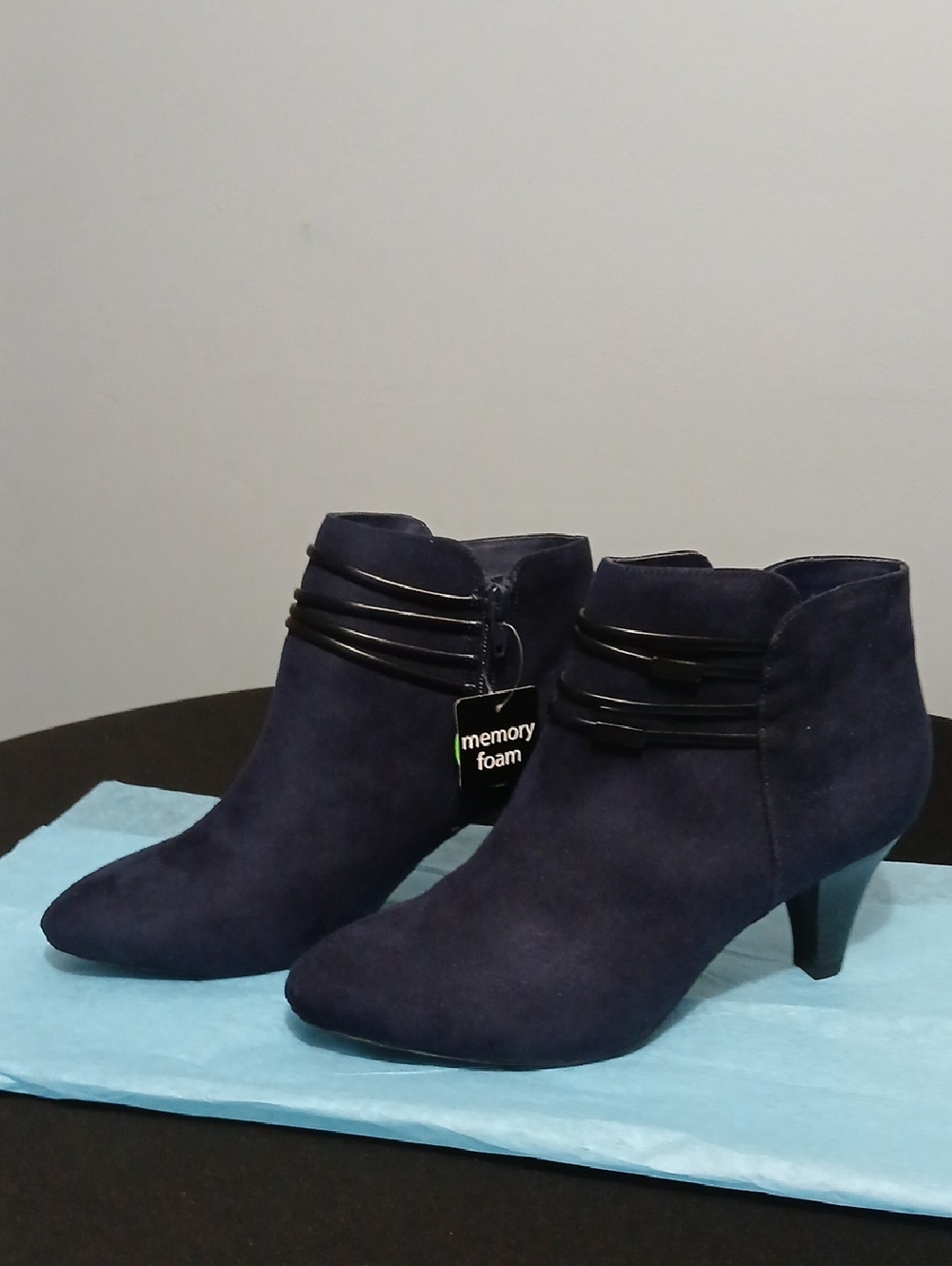 East 5th Navy Suede-Look Ankle Booties with Decorative Straps NWT